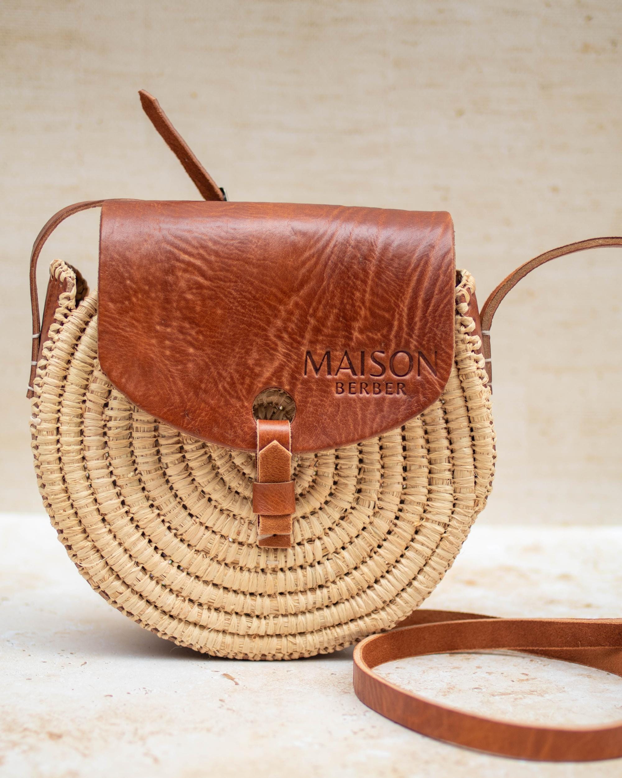 Handmade Moroccan Raffia Crossbody Bag: Round Straw Purse With Leather ...