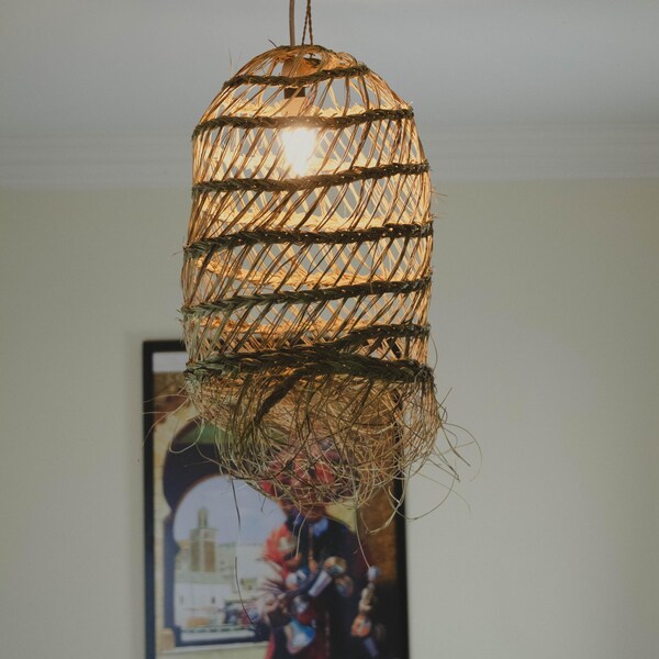 Moroccan Handmade Natural Rattan Lampshade - Doum Suspension - Bohemian Light Pendant - Wicker Rattan Straw Pendant Ceiling Light Fixture