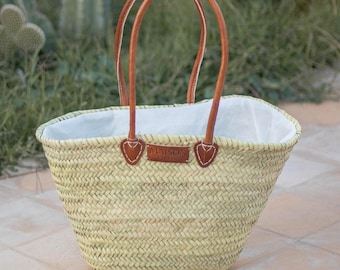 Cesto del mercato marocchino: borsa in paglia intrecciata a mano in stile francese con manici in pelle
