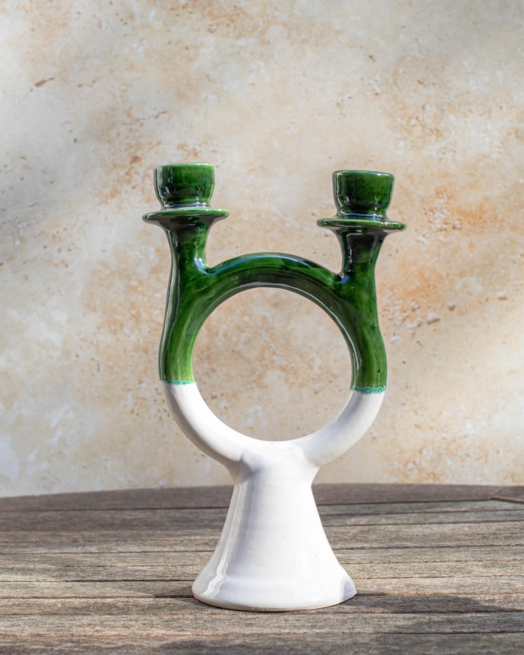 Handmade Tamegroute Green Double Candle Holder: Moroccan Pottery