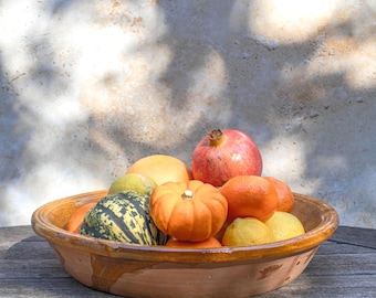 Large Ochre Moroccan Serving Bowl 35 cm | Handmade Tamegroute Pottery | Rustic Ceramic Fruit Bowl / Table Centrepiece