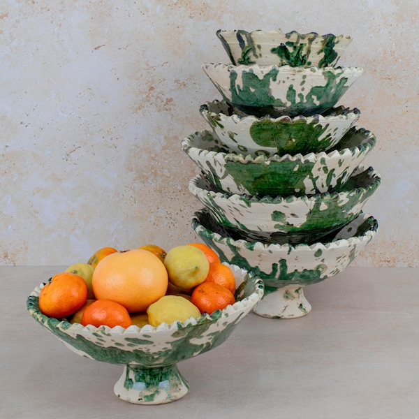 Moroccan Tamegroute Handmade Pottery Pedestal Bowl, Green Glaze Raw Clay, One-of-a-Kind