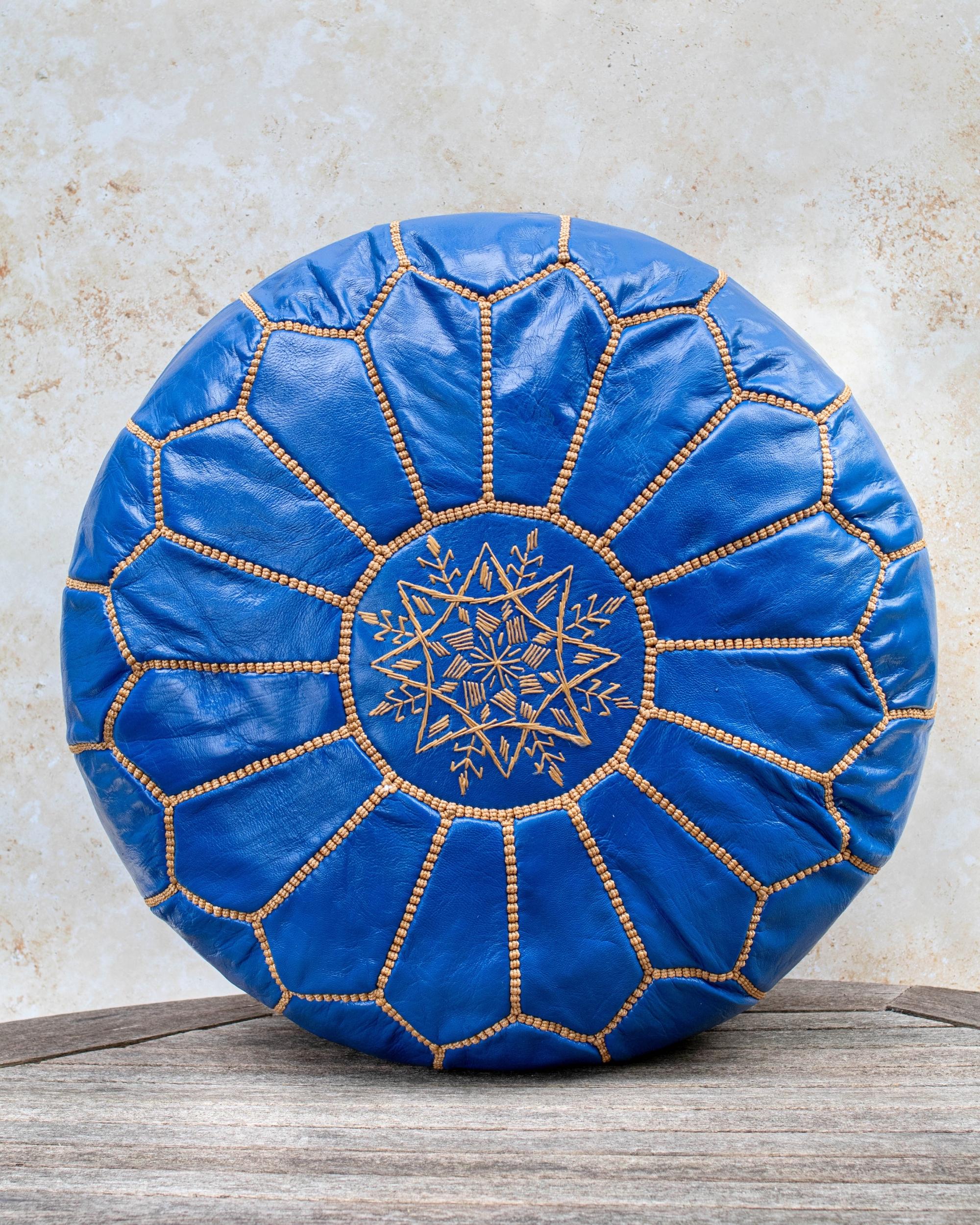 ブルーモロッコレザープーフカバー：ハンドメイドラムスキンオットマン