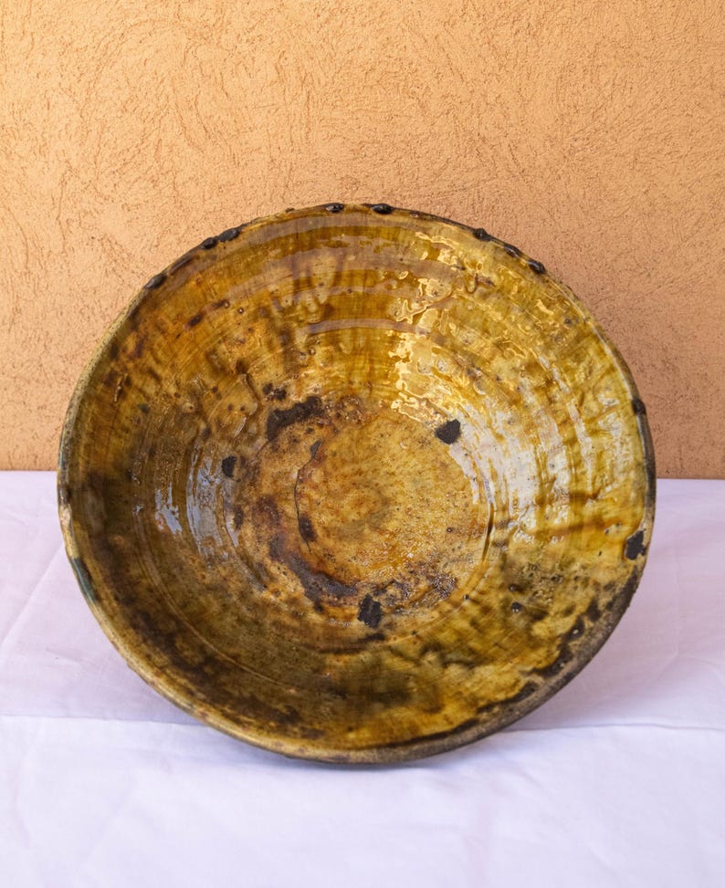 Tamegroute Handmade Bowl | Moroccan Yellow Ochre Ceramic Serving Bowl Rustic Pottery Decor