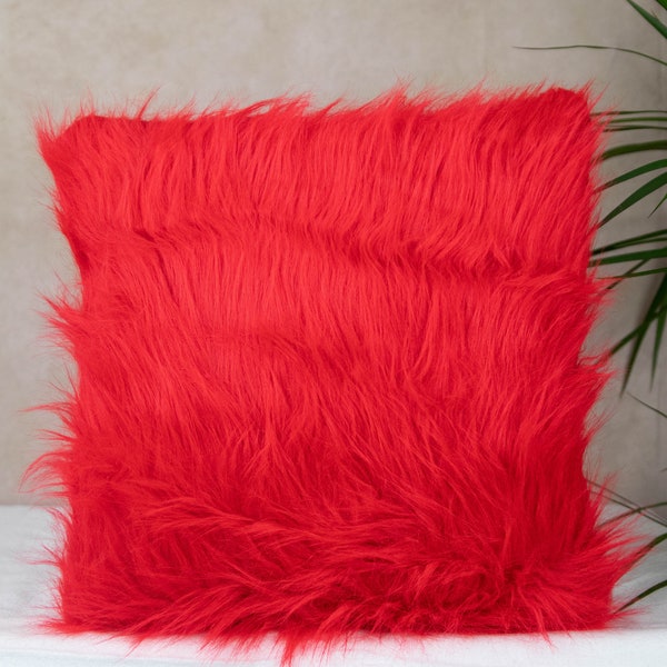 Red Faux Fur Bohemian Pillow Case, Cushion Cover Red - Faux Fur Cushion Pillow Cover, Farm House, Throw Pillows