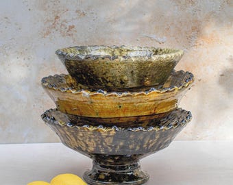 Tamegroute Pedestal Bowl | Handmade Moroccan Ceramic Fruit Bowl Rustic Decorative Centrepiece