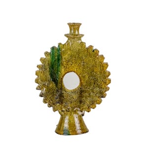 Handmade Tamegroute Candlestick Holder: Moroccan Glazed Pottery, Shaded Ochre