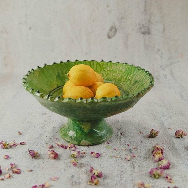 Moroccan Vintage Green Glazed Pedestal Fruit Bowl – Tamegroute Serving Bowl - Large Ochre Tamegroute Bowl