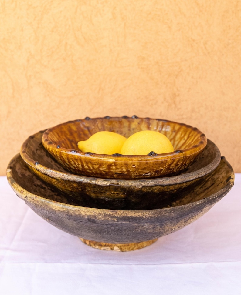 Tamegroute Handmade Bowl | Moroccan Yellow Ochre Ceramic Serving Bowl Rustic Pottery Decor
