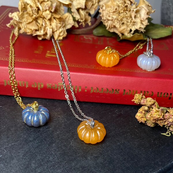 Pumpkin Necklace, Halloween Pumpkin Pendant Necklace, Stainless steel chain and resin pendant. 4 Colors available