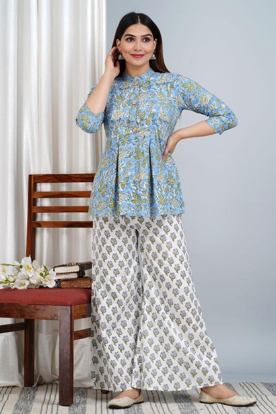 Buy Green Shirt Collar Printed Short Kurta With Pants