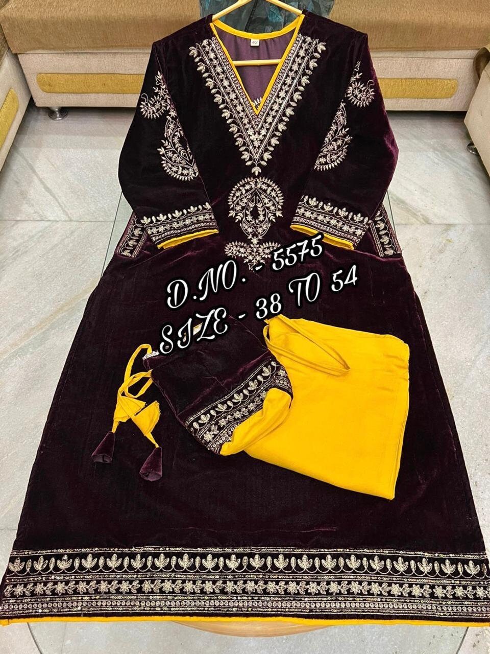 Plus Size Velvet Fabric Full Zari Sequins Embroidery Work Long Straight ...