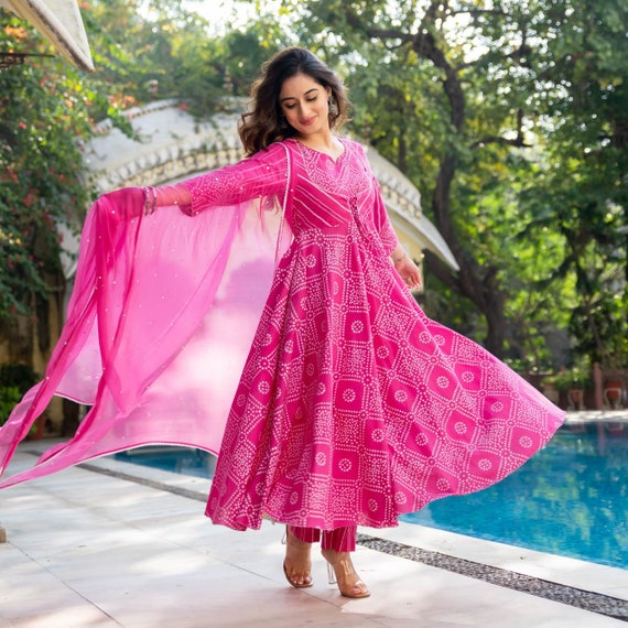 Pink and Yellow Bandhani Kurti Dress – Gleamberry