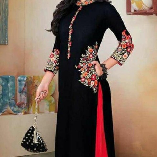 Black Embroidery Work Heavy Rayon Kurti Plazzo Set