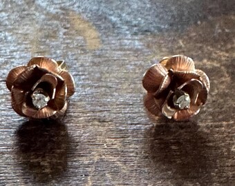 Krementz Earrings -Vintage Rose Diamond Signed  Stud Earrings with Gold Overlay Floral Estate Jewelry