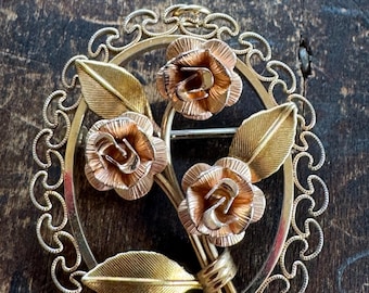 Vintage Krementz Gold Plated Floral Brooch Pendant Two Tone Flower Pin Romantic Jewelry