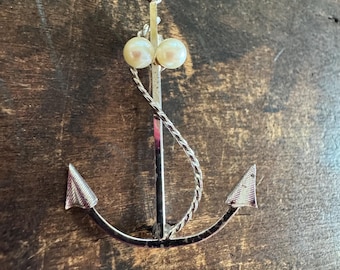 Vintage Pin-Vintage DCE Sterling Silver Mid-Century Anchor Pin with Pearls