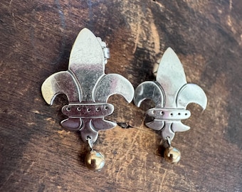 Vintage Mexican 925 Sterling Silver Fleur-de-Lis Earrings with Gold Ball Drop Stud Statement Earrings