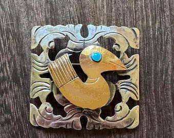 Old Cuzco Peruvian Sterling Silver & 18K Gold-Plated Bird Brooch