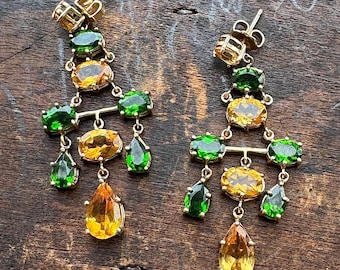 Vintage Earring-Chandelier Vintage Peridot and Citrine Statement Post Earrings in 10kt Yellow Gold