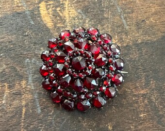 Victorian Bohemian Garnet Cluster Brooch – Rose Cut Garnets, Silver C Clasp