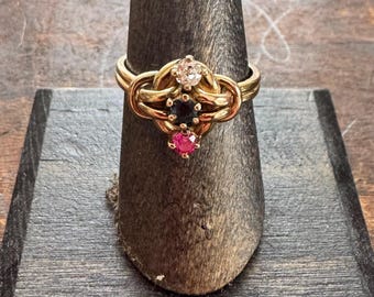 Vintage Ring-10kt Yellow Gold Knot Ring with Ruby, Old Mine Cut Diamond & Blue Sapphire