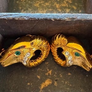 Vintage Kenneth Jay Lane for Avon Gold-Plated Ram’s Head Clip-On Earrings with Crystal Accents