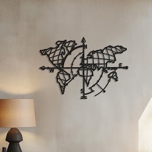Décoration murale en métal, boussole, carte du monde - Décoration de voyage géométrique pour salon ou bureau - Suspension murale moderne en forme de globe en métal noir