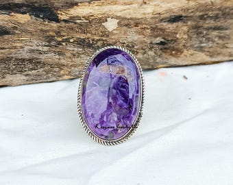 Handmade Charoite Ring: 925 Sterling Silver Statement Jewelry