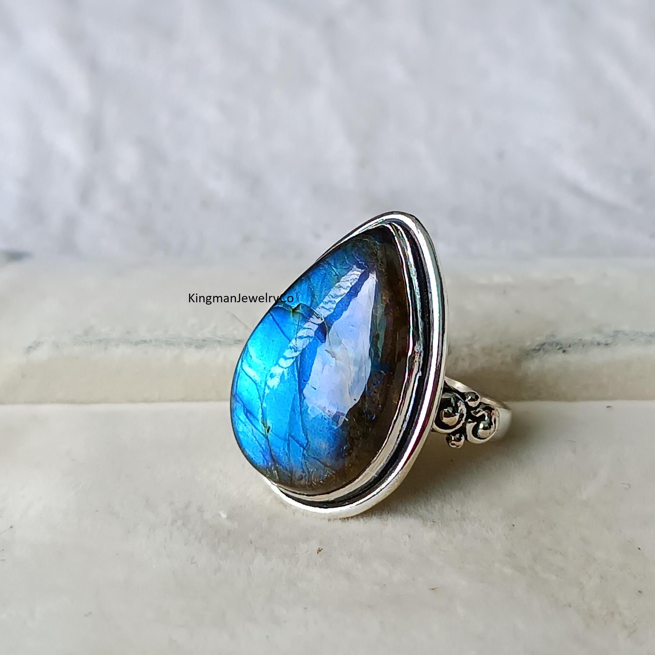 Blue Fire Labradorite Ring: Handmade 925 Sterling Silver Gemstone