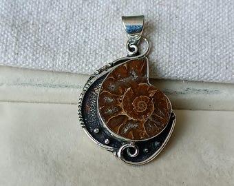 Handmade Sterling Silver Ammonite Fossil Pendant: Gemstone Jewelry