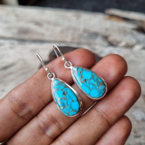 Blue Copper Turquoise Earrings, 925 Sterling Silver Earring, Handmade Earring, Gemstone Earring, Dangle Earrings, Blue Copper Turquoise Gift
