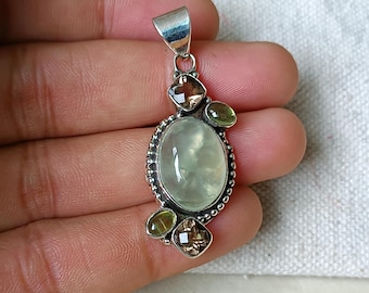 Prehnite & Smoky Quartz Sterling Silver Pendant