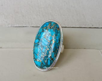 Large Oval Turquoise Ring: Handmade Sterling Silver Gemstone