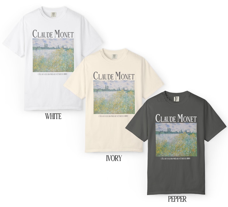 May include: Three short-sleeved t-shirts in white, ivory, and pepper gray. Each shirt features a rectangular print of a Claude Monet painting with the artist's name above the artwork. The shirts are made of a soft material.