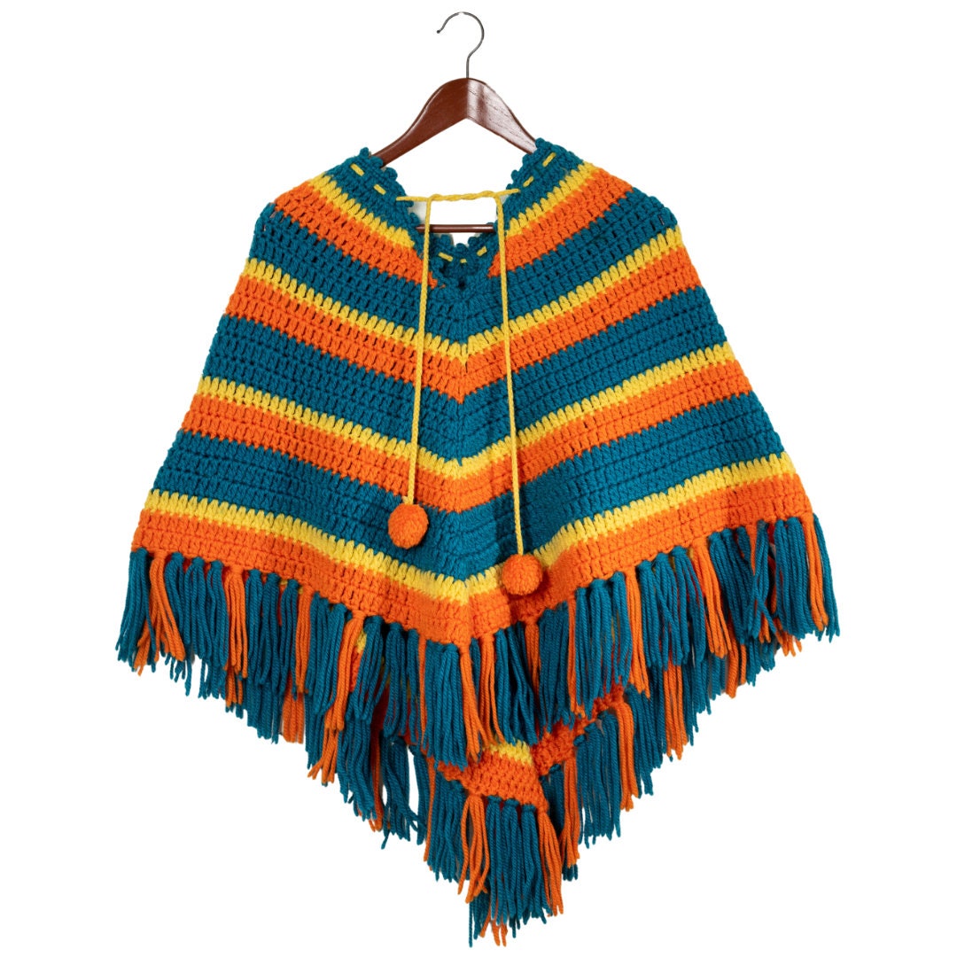 1970s Multicolor Vintage Crocheted Poncho With Pom Poms S-M - Etsy