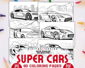 May include: A set of 60 coloring pages featuring supercars. The pages are black and white and include a variety of different car models. The pages are perfect for kids who love to color and learn about cars.
