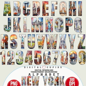 New York Alphabet Sublimation Clipart, NYC Watercolor Letters Design, New York Font Letters Digits Art, NYC Alphabet Art Letters PNG Bundle