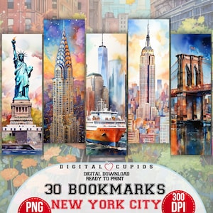 Collezione di segnalibri acquerellati di New York City / Stampe digitali ad alta risoluzione / Pacchetto di segnalibri di New York City / Arredamento e regalo per la casa da viaggio / Scarica