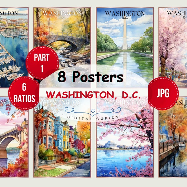 Washington D.C. Watercolor JPG Poster Set: Instant Download, Versatile Sizes, City Landmarks, Digital Art Print for Decor, Travel Lover Gift