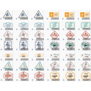May include: A collection of 40 travel stamp designs featuring various countries and their flags. The stamps are in a grid format and are all in a vintage style. Each stamp features a different country's flag, name, and a plane or other travel-related icon.