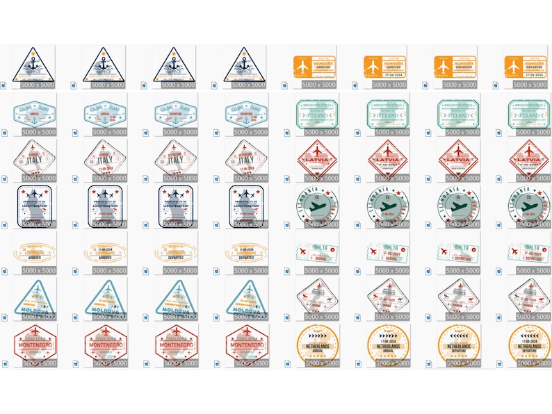 May include: A collection of 40 travel stamp designs featuring various countries and their flags. The stamps are in a grid format and are all in a vintage style. Each stamp features a different country's flag, name, and a plane or other travel-related icon.