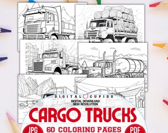 May include: A set of 60 coloring pages featuring various cargo trucks in black and white. The pages are designed for children and adults who enjoy coloring. The image shows a sample of the coloring pages, including a truck hauling logs, a truck with a tanker, and a truck driving through a mountain pass.