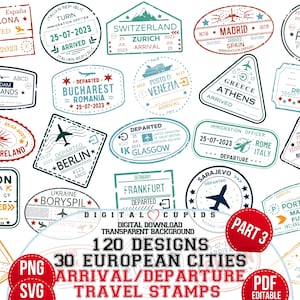 Adesivos de carimbos de viagem para passaporte: 3º pacote SVG PNG PDF I Coleção de chegada e partida de visto de aeroporto I Design de clipart I Impressão de cidades europeias