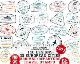 European City Travel Stamps: Arrival Departure Clipart (SVG, PNG, PDF)