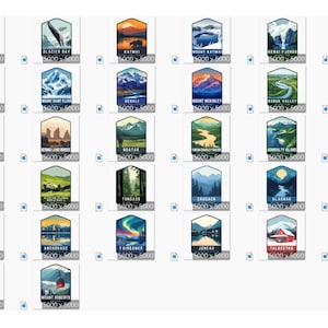 Peut inclure: Une collection de trente-deux autocollants rectangulaires pr&eacute;sentant des illustrations paysag&egrave;res color&eacute;es de divers parcs nationaux et sites d'Alaska, chacun &eacute;tiquet&eacute; avec son nom sp&eacute;cifique en texte blanc au bas du design de l'autocollant.