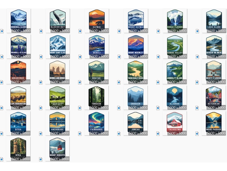 Peut inclure: Une collection de trente-deux autocollants rectangulaires pr&eacute;sentant des illustrations paysag&egrave;res color&eacute;es de divers parcs nationaux et sites d'Alaska, chacun &eacute;tiquet&eacute; avec son nom sp&eacute;cifique en texte blanc au bas du design de l'autocollant.