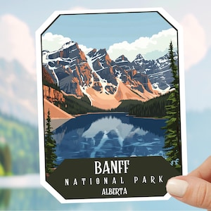 Adesivo impresso do Parque Nacional de Banff, decalque da natureza selvagem de Alberta, decalque de acampamento de caminhada de aventura, equipamento para atividades ao ar livre, estrada da vida selvagem canadense