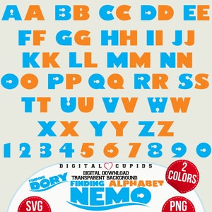 Finde Nemo Alphabet Schrift SVG PNG | Nemo-Themed Buchstaben, Zahlen | Findet Dory Schrift Clipart zum Ausdrucken | Geburtstag Dekor von Nemo, für Kinder