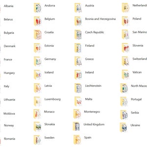 May include: A collection of yellow folder icons with country names and flags. The icons are arranged in a grid of four columns and six rows. The flags are stylized and colorful.